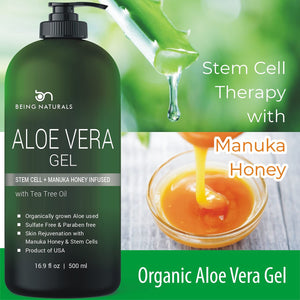 Aloe vera Gel - from 100% Pure Organic Aloe Infused with EGF, Stem Cell, Rosemary Oil - Natural Raw Moisturizer for Face, Body, Hair. Perfect for Sunburn, Acne, Razor Bumps 16.9 fl oz