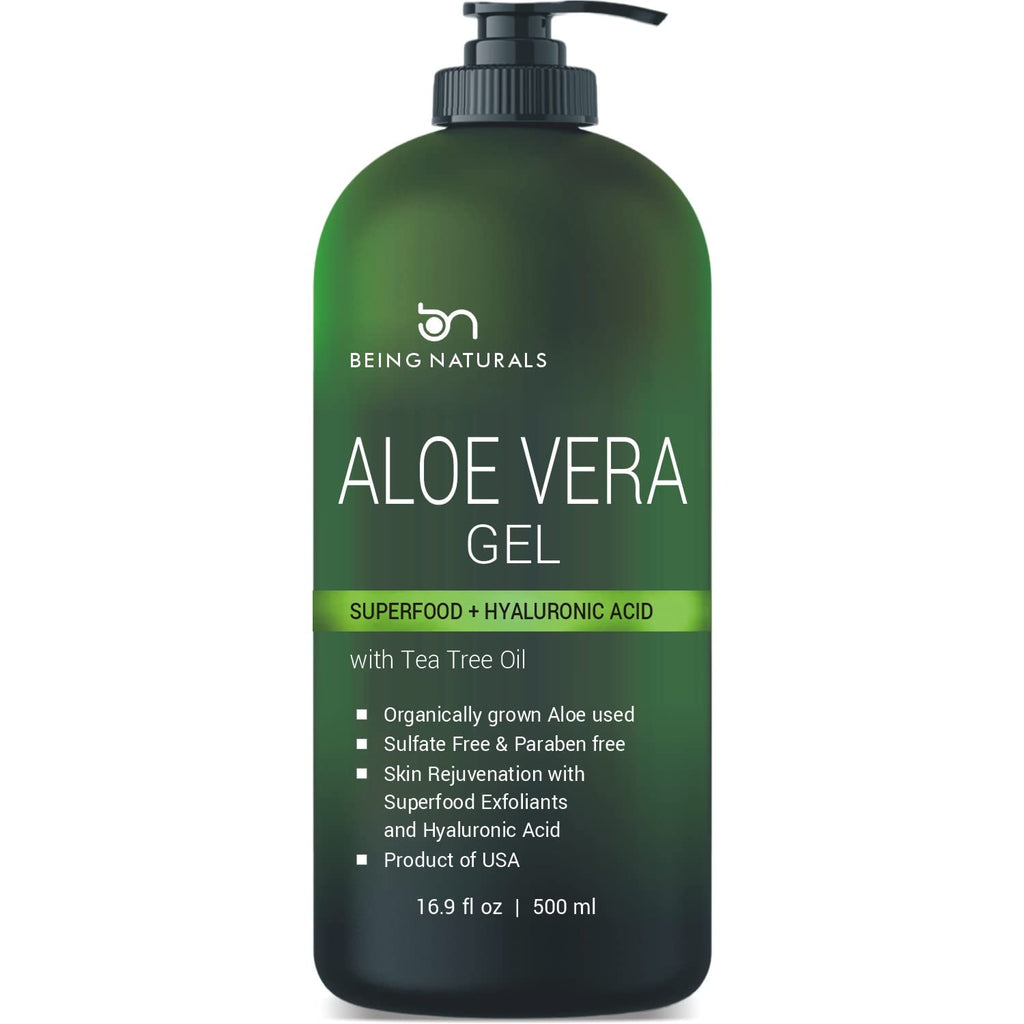 Aloe vera Gel - from 100% Pure Organic Aloe Infused with wonderful ingredients - Natural Raw Moisturizer for Face, Body, Hair. Perfect for Sunburn, Acne, Razor Bumps 16.9 fl oz (Tea Tree, Superfood, Hyaluronic Acid)
